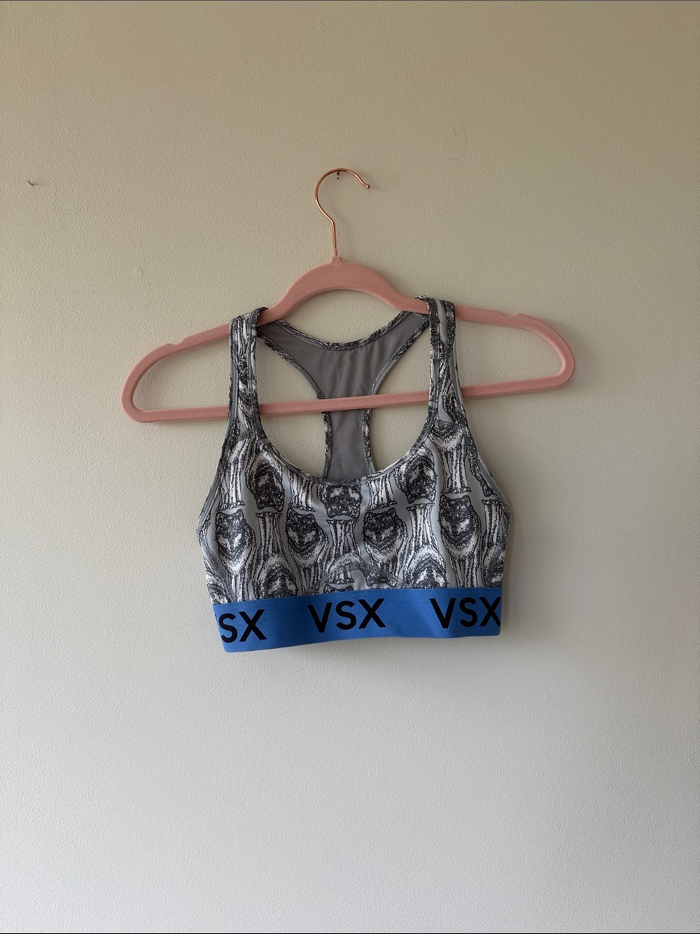 Victoria's Secret Gray Printed Racerback Sports Bra with Blue Band